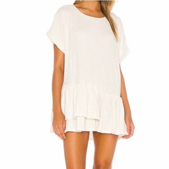 Free People FP Beach Marni Asymmetrical Crinkle Ruffle Mini Dress Cream Large - Picture 3 of 9